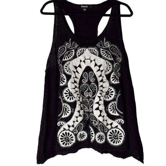 Dkny Black & White Embroidered Sleeveless Top Boho Style - Picture 1 of 10